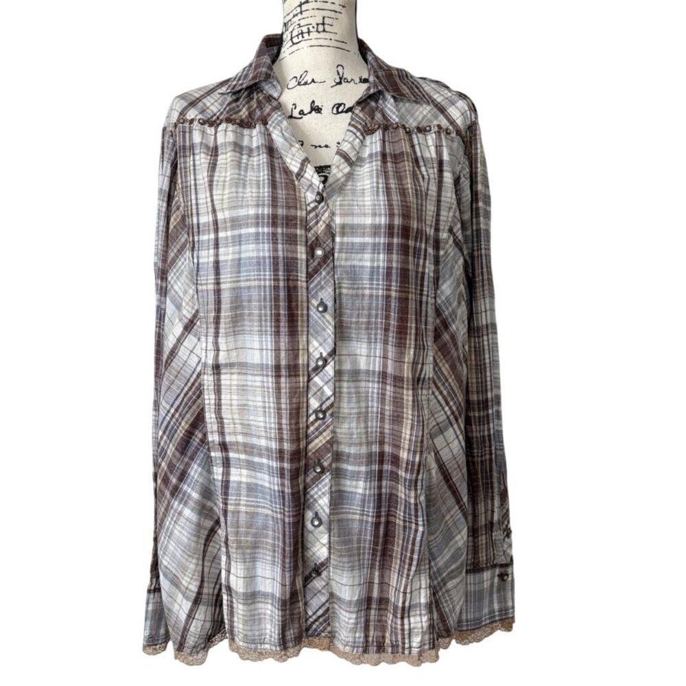 Coldwater Creek Womens Size 1X Plaid Button-Up Shirt Western Lace-Edges Cotton
